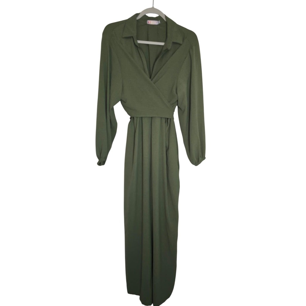 Olive Green Jumpsuit - Long Sleeve Wrap Waist Collared Zipper Front XL